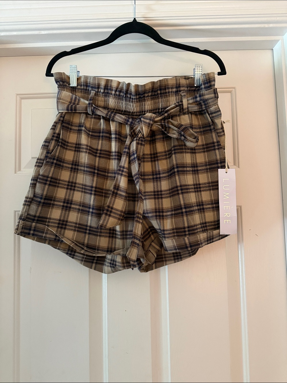 Lumiere Taupe Plaid Paperbag Waist Shorts with Self-Tie NWT size large
